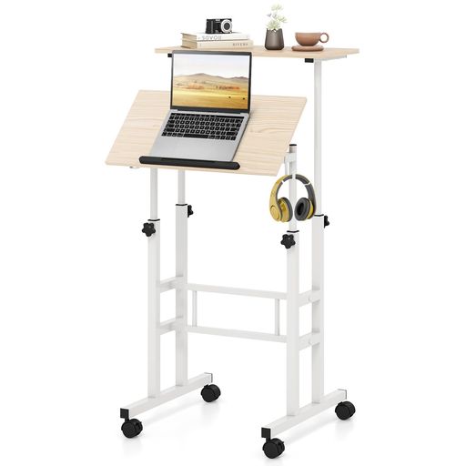 Giantex昇降デスク移動式2段構造無段階高さ調節耐荷重60kgスタンディングデスク幅60cmフック付きキャス..