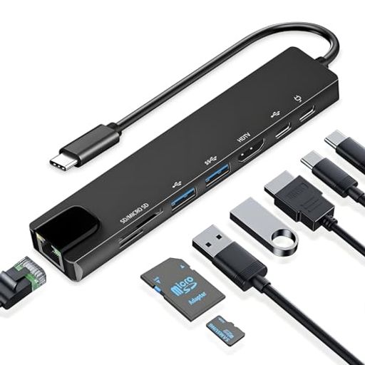 【8in1 USB-C ハブ】 この USB-C ハブアダプタは Type-C/USB インターフェースを搭載した全機器に対応します。8in1 USB-C ハブマルチポートアダプタには USB 3.0 ポート、USB 2.0 ポート、USB-C ポート、PD ポート、4K HDMI ビデオ出力、RJ45 100M イーサネットインターフェース、SD/TF カードリーダースロットが搭載されており、Mac Pro/Air、Chromebook などの Type-C 機器に互換性があります。ノートパソコンのインターフェース不足をいつでもどこでも解決できます。 【4K 高精細出力】 高解像度 USB-C右向き矢印HDMI アダプタは 4K(30Hz)と 1080P(60Hz)のビデオ出力をサポート。画面を複製または拡張してマルチタスク処理、スプレッドシートデータの閲覧、文書編集、プレゼンテーション、映画視聴、ビデオゲームなどに対応します。 【高速データ伝送】 USB 3.0 ポートは最大 5Gbps の伝送速度をサポート。