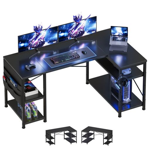 YeTomゲーミングデスクl字デスク机pcデスク幅130cmパソコンデスク勉強机学習机左右入替可棚板高さ調節可能収納袋付きオフィスデスクワークデスク黒い(3)