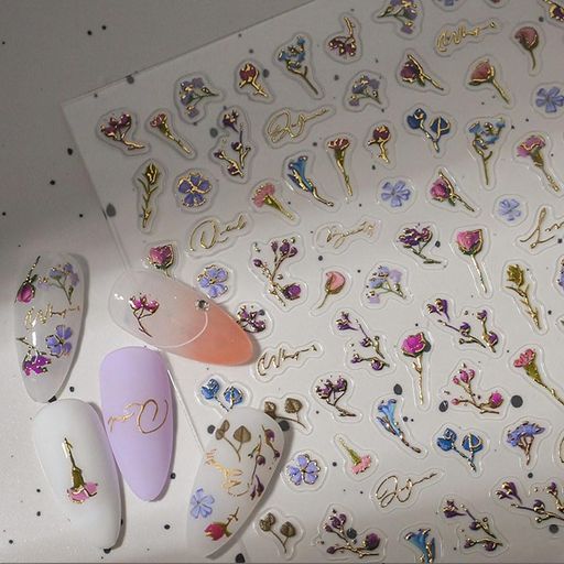 ISHRネイルシール花ネイルステッカーア春夏花びら箔押しネイルパーツシールフラワー貼るだけ可愛い(A)