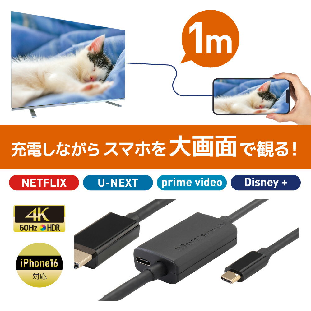 【5/20 20時～24時 10％OFF P2倍】USB Type-C to HDMI 変換ケーブル 1m PD対応 RS-UCHD4K60-1MA スマホ テレビ に 映す アンドロイド iPhone15 テレビに映すケーブル スマホ テレビ 接続 ケーブル Android テレビ 変換 4K60Hz HDR タイプC HDMI USB 変換 USB-C PD 3.0 100W