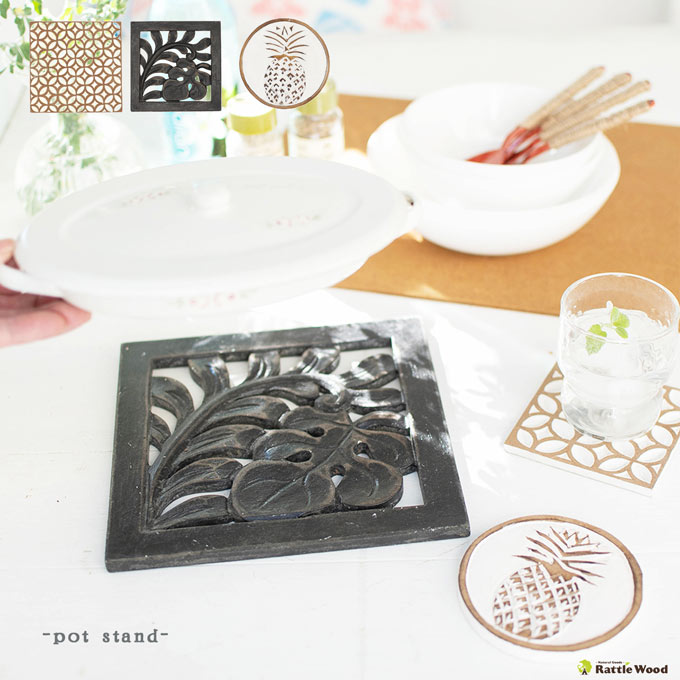 鍋敷き トリベット ラウンド 木製 ポットマット パイナップル 七宝 プルメリア ディスプレイ インテリアキッチン雑貨 カフェ おしゃれ かわいい 北欧 アジア...