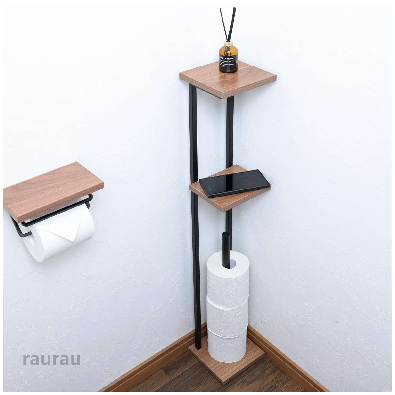 収納 スリム 棚付き (スマホ置き/インテリア) トイレットペーパーホルダー 隙間収納 ストッカー 幅15×奥行15×高さ90.5cm 組立品