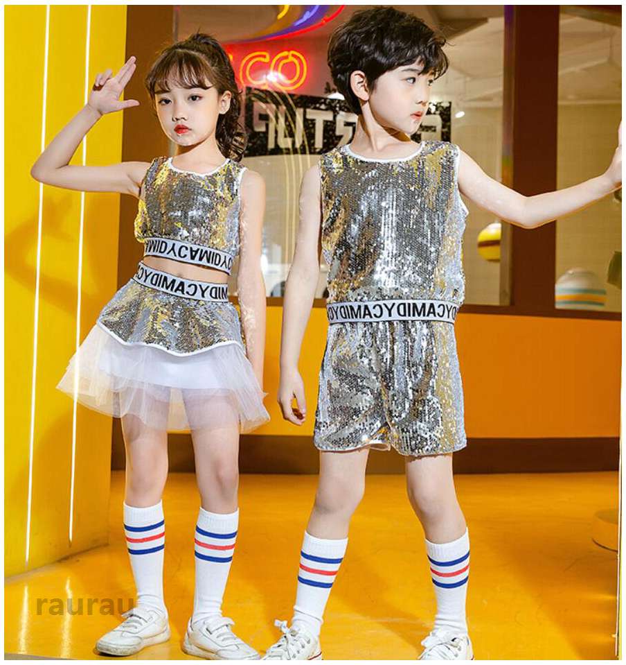 キッズダンス チアガール 衣装 ヒップホップ キッズ セットアップ スパンコール HI...