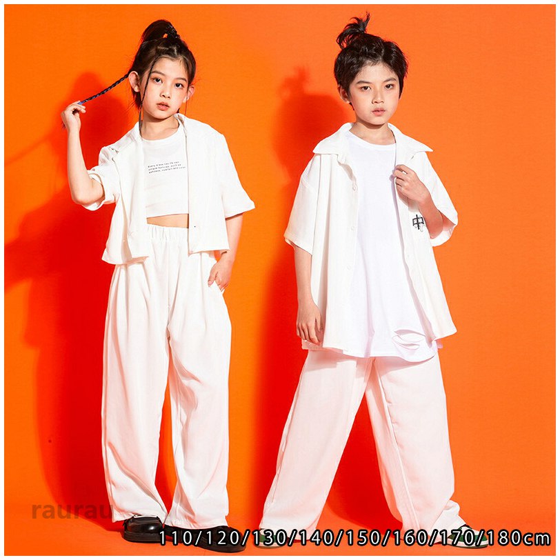 Shirts - キッズダンス衣装 ヒップホップ キッズ ダンス 白 シャツ 衣装 大人 セットアップ 男の子 女の子 子供服 かっこいい 演出服 舞台服 HIPHOP ステージ衣装 応援団 ヒップホップ ダンス練習着 jazz おしゃれ 発表会 人気 応援団 舞台服 演奏会 人気 舞台効果抜群