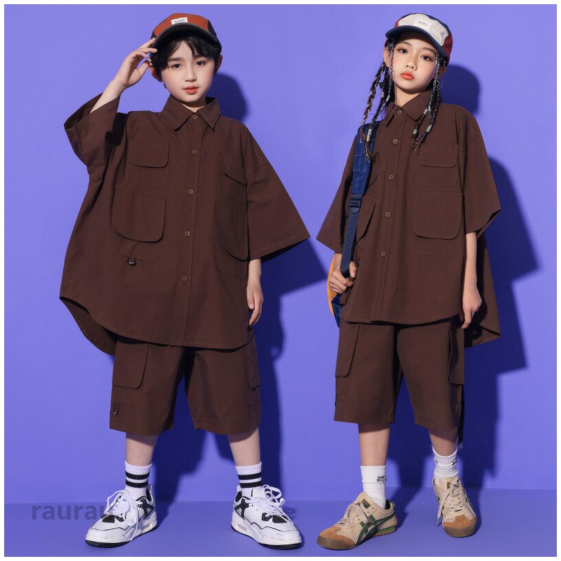 Shirts - 子供服 ダンス衣装 ブラウンシャツ キッズ セットアップ 半袖 シャツ ハーフパンツ キッズダンス衣装 ヒップホップ 男の子 女の子 hiphop ダンスウェア ゆったり ジャズダンス 演出服 練習着 かっこいい K-pop JAZZ 発表会 団体服 応援団