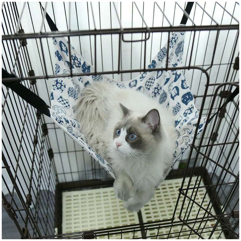 ペ 小動物用 猫柄 吊り下げタイプ 耐久 取り付け簡単 通気 洗濯可能 両面使い 夏対策 チェック柄 ケージ 猫ハンモック 50*40cm