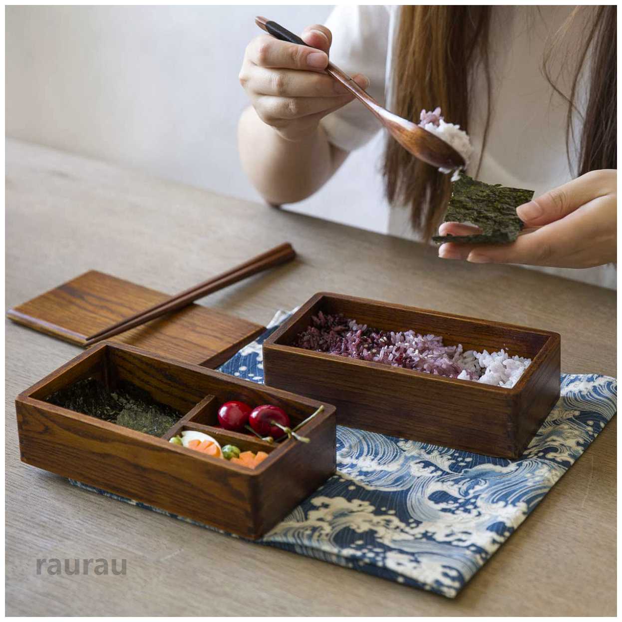 ピクニ 18*9*9cm 運動会 お弁当 ゴムバンド付き T字仕切り 取り外し可能 寿司 ランチボックス 2段 木製 わっぱ スタイル1 大容量
