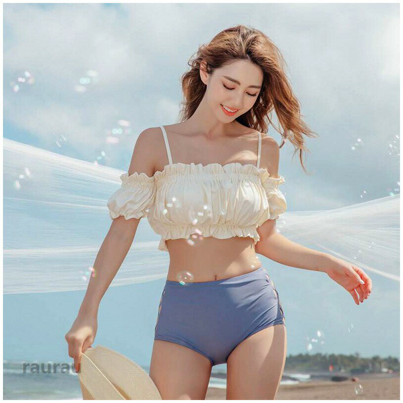 Competitive Swimsuits - パフスリー フリルショルダー 二の腕カバー パッド付き セパレート 三角ビキニ 体型カバー 紐 タンキニ レディース ビキニ 水着