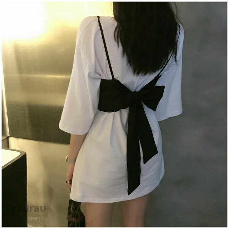 2点セット半袖tシャツ＋リボンビスチェ ルーズ tシャツ レディース ミドル丈 コットン 韓国 オルチャン a2948