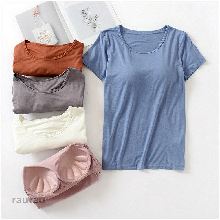 無地Tシャツ カップ付き レディース 半袖 インナー シャツ カットソー ブラトップ ...