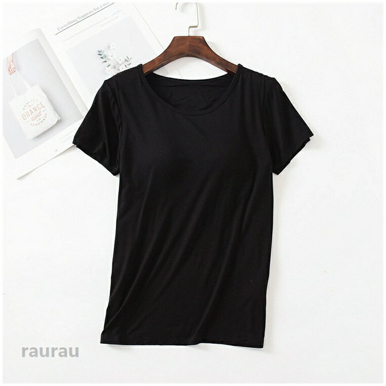 無地Tシャツ カップ付き レディース 半袖 インナー シャツ カットソー ブラトップ ...