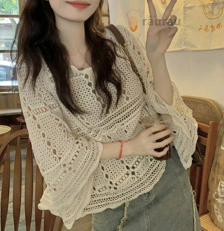 ニットトップス 透かし編み レディース 春夏 メッシュ メッシュニット トップス ニット tシャツ サマーニット ラウンドネック ゆったり フレアスリーブ サマー ショット丈 スカラップ シースルー ニットソー 七分袖 着回し レイヤード