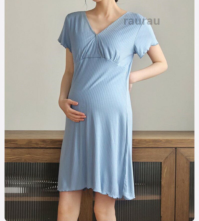 授乳パジャマ マタニティ ワンピース 前開き 春夏 ミディアム丈 Vネック 半袖 授乳...