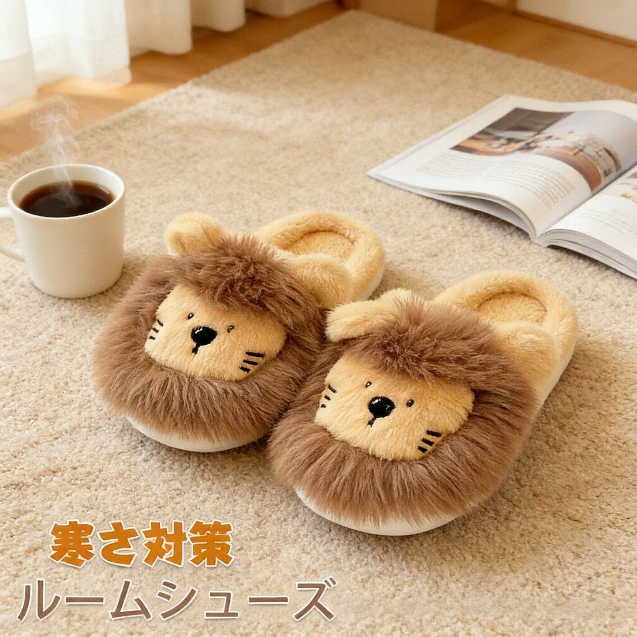 Set - ルームシューズ もこもこ あったか スリッパ 可愛いライオン 室内スリッパ レディース ぬいぐるみ ボアスリッパ ルームシューズ おしゃれ あったかスリッパ 動物スリッパ 暖かい 軽量 暖かい 室内履き 防寒 靴ふ