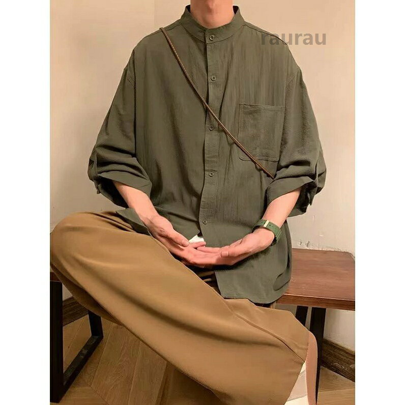 白シャツ バンドカラーシャツ 襟なしシャツ 長袖 7分袖 七分袖 胸ポケット ノーアイロン加工 半袖シャツ メンズ バンドカラー