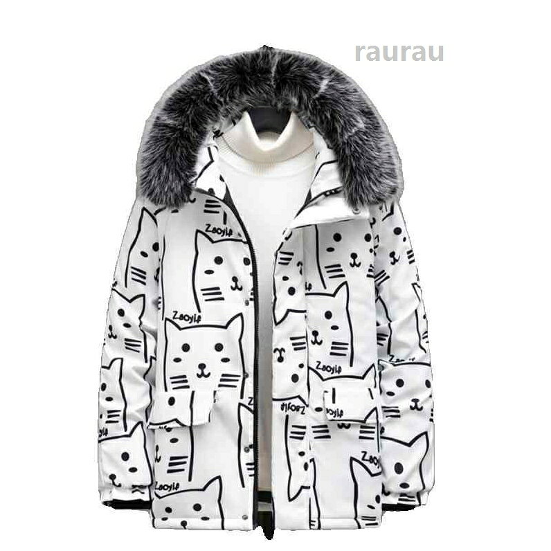 カジュアル ポリエステル 暖かい 中綿入り キャットプリント 総柄 猫柄 脱着式ファ...