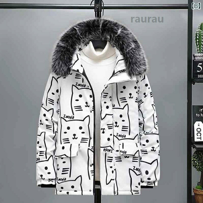 カジュアル ポリエステル 暖かい 中綿入り キャットプリント 総柄 猫柄 脱着式ファ...