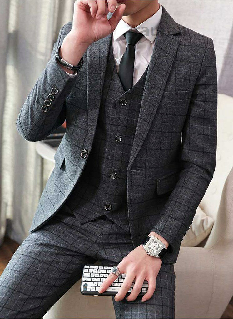 通勤 ベスト付き セットアップ カジュアルスーツ 結婚式 3ピーススーツ スーツセット ブレザー チェック柄 スリーピース メンズ 3
