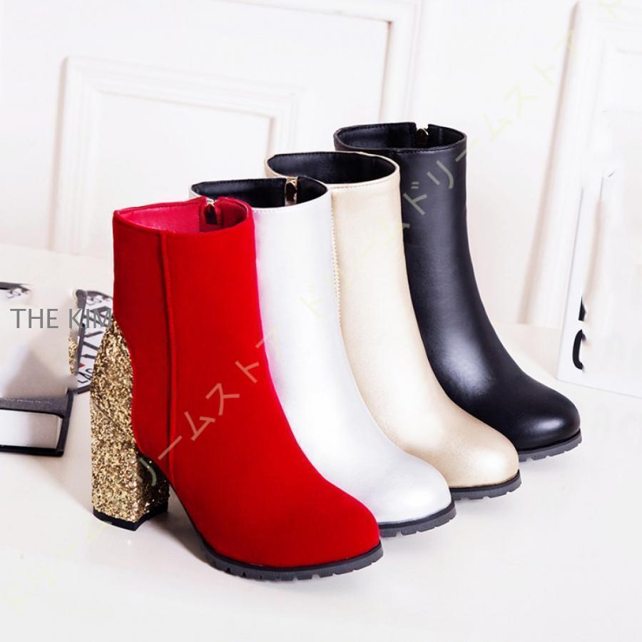 Rakuten - ブーツ スエード 太ヒール スエードブーツ 卒業式 レディース 8.5cmヒール ショート 黒 赤 金 銀 春夏秋 ラウンドトゥ サイドジッパー アンクルブーツ