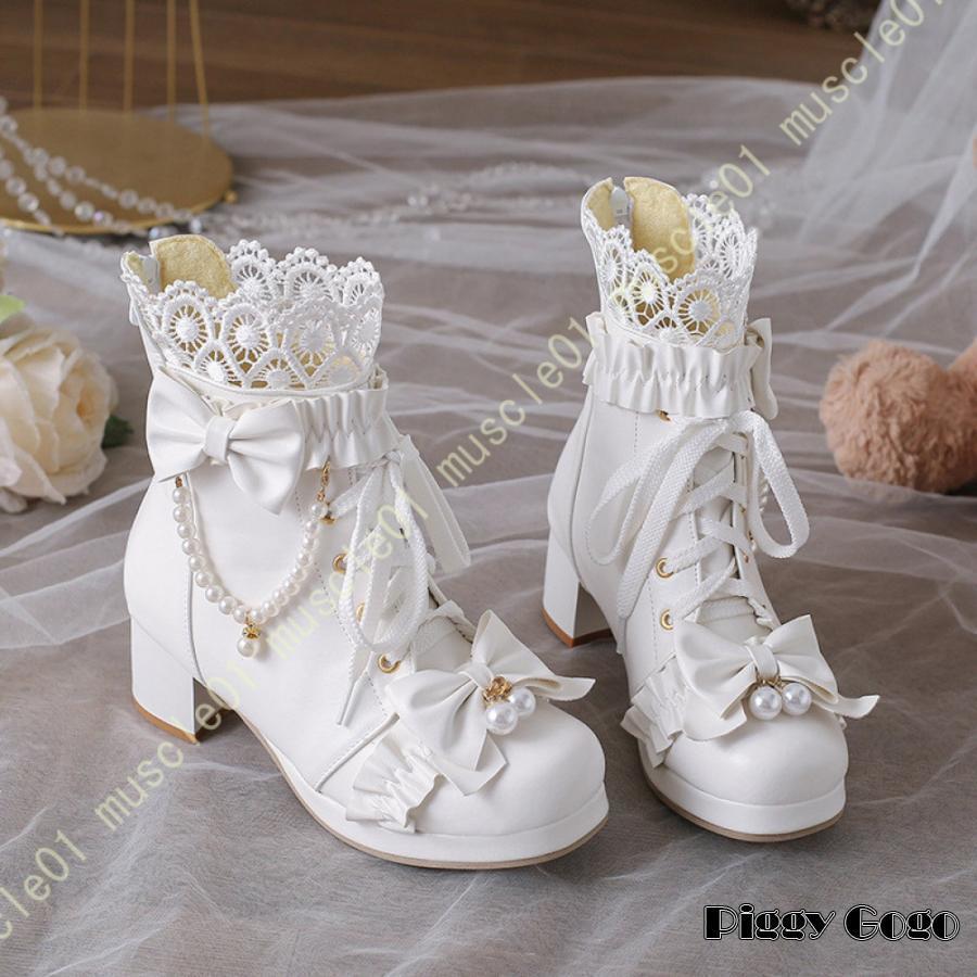 ショートブーツ レディース ブーツ ショート丈 レース 太めヒール 厚底 編み上げ リボン ラウンドトゥ レースアップブーツ コスプレシューズ サイドジッパー