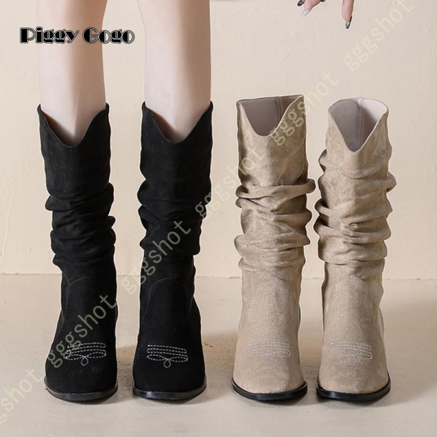 ブーツ レディース ミッドカーフ ブーティ ローヒール ミドルブーツ スエード 靴 くしゅくしゅ 無地 ショートブーツ ワークブーツ カジュアル 柔らかい