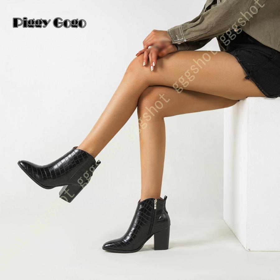 ショートブーツ 靴 レディース クロコ ポインテッドトゥ チャンキーヒール 太ヒール 8.0cm 黒 歩きやすい 柔らかい ファスナー 秋 冬 おしゃれ ブーツ