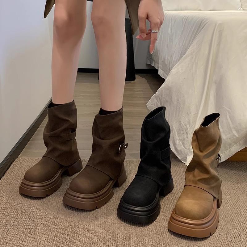 ショートブーツ レディース ショート丈 ウエスタンブーツ ブーツカバー ラウンドトゥ PU 厚底 ローヒール 履きやすい 歩きやすい おしゃれ