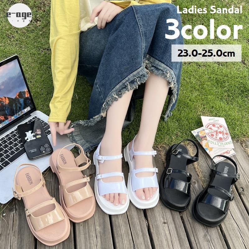 Rakuten - サンダル ストラップサンダル スリッパ フラットサンダル つっかけ レディース 女性 婦人 靴 くつ エナメル加工 長さ調節可 スポーツサンダル 光沢