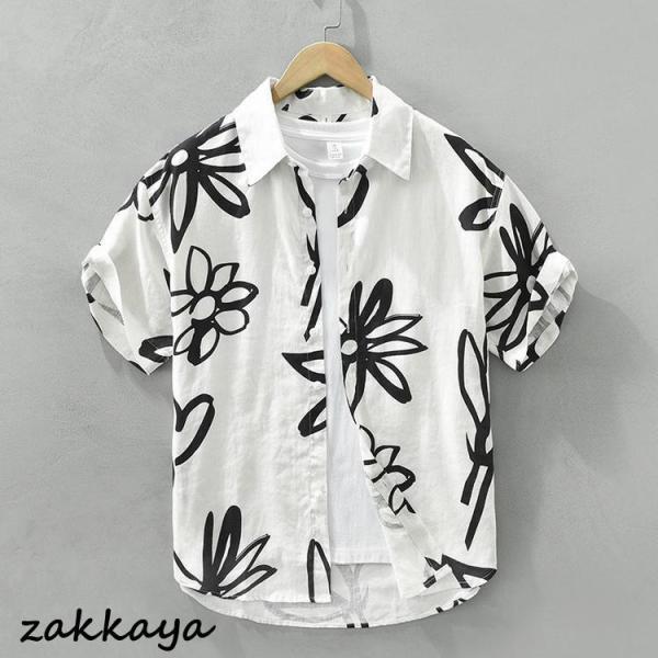 リネンシャツ カジュアルシャツ 亜麻シャツ トップス メンズ シャツ 半袖 花柄 アロハ ハワイシャツ 涼しい