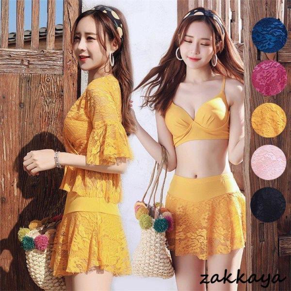 水着レディース 体型カバー 水着3点セット セパレート レース ブラウス キュロット 小胸バンドゥビギニ 韓国風 40代 スイムウェア 温泉 ママ