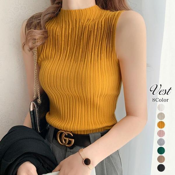 ノースリーブ ハイネック ニット リブ タンクトップ レディース サマーニット トップス 薄手 オフィス カジュアル 大人 カジュアル