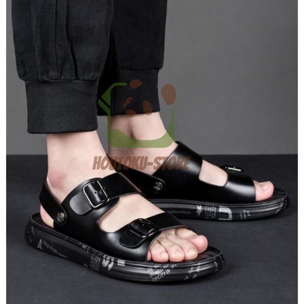 Sports Sandal - サンダル ストラップサンダル ビーチサンダル メンズ レザー 2way かかと クッション性 軽量 軽い マジックテープ おしゃれ スリッパ 通気性 軽快 吸汗防臭