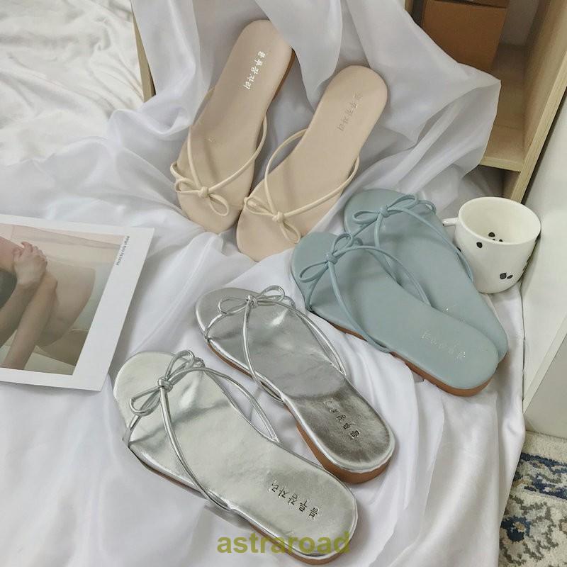 サンダル レディース フラットサンダル ローヒール リボン ストラップ ぺたんこ 無地 シンプル 夏物 PU..