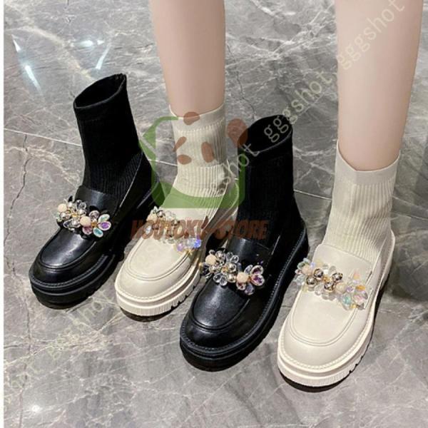 ブーツ レディース ストレッチ ショート ショートブーツ ローヒール 履きやすい シューズ 靴 歩きやすい 秋冬 軽量 ビジュー ショート丈 ニット 安定 黒