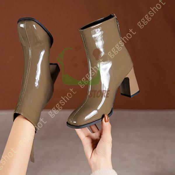 アンクルブーツ スクエアトゥ 太ヒール ハイヒール レディース ブーツ ジッパー おしゃれ 本革 袴用 安定感有 美脚 歩きやすい 着脱が簡単 春 秋 冬
