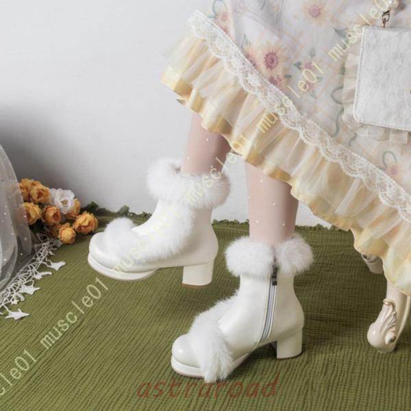 ショートブーツ コスプレブーツ レディース ロリータシューズ ファー サイドジップ フリル おでこシューズ かわいい 厚底 女の子 太いヒール ハイヒール 5cm