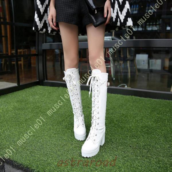 ブーツ レディース ロング 黒 白 秋冬 シンプル 美脚 レースアップブーツ 編み上げシューズ 長靴 厚底 カジュアル 履きやすい ロングブーツ 太ヒール