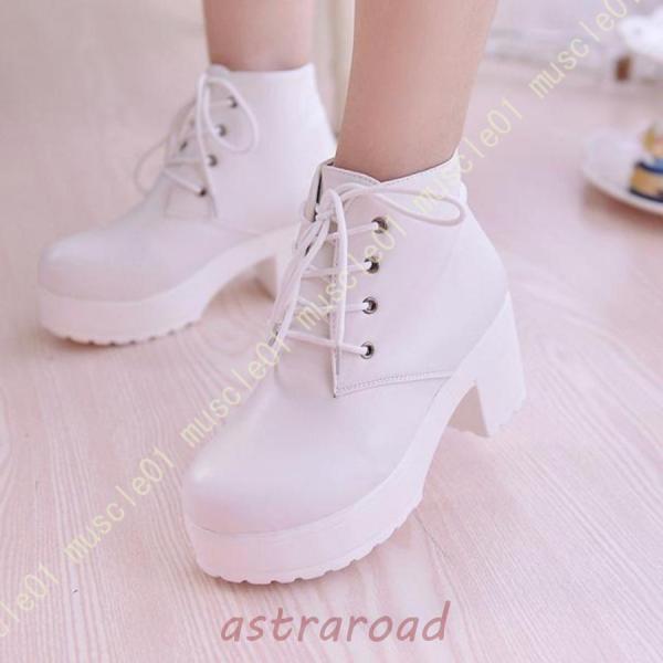 ブーツ ショートブーツ レースアップブーツ 厚底 チャンキーヒール プレーントゥ プラットフォーム レディース スリップオン ハイカット 防水 秋 冬用