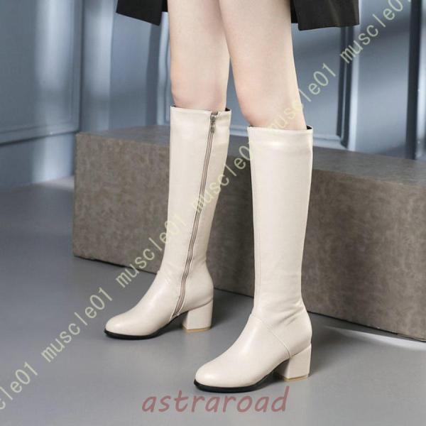 Boots - レディース ファッション ロングブーツ ロングブーツ 無地 ジョッキーブーツ 大きいサイズ 厚底 トラックソール ラウンドトゥ ロング丈 ジップ 太めヒール