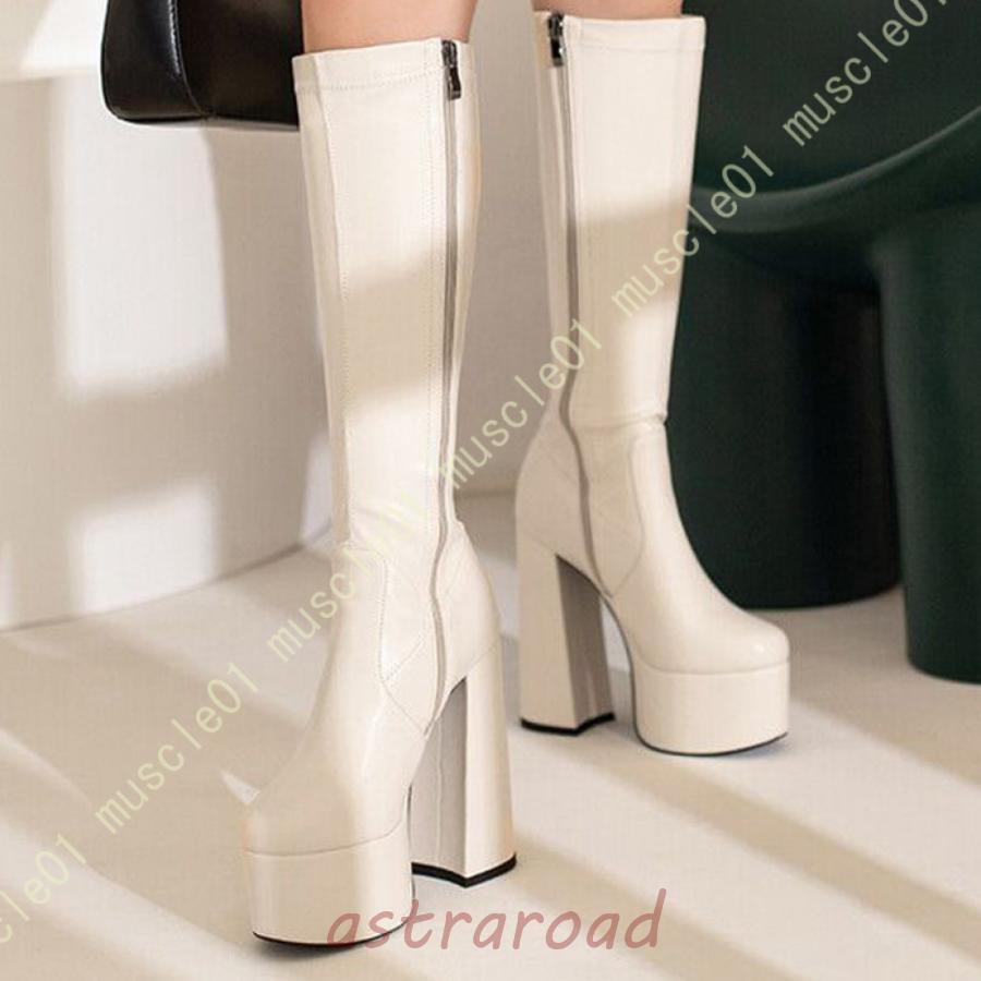 ブーツ ロングブーツ 厚底 ストレッチ スクエアトゥ チャンキーヒール レディース 春秋冬 太ヒール 長靴 コスプレ靴 コスプレブーツ ストレッチブーツ