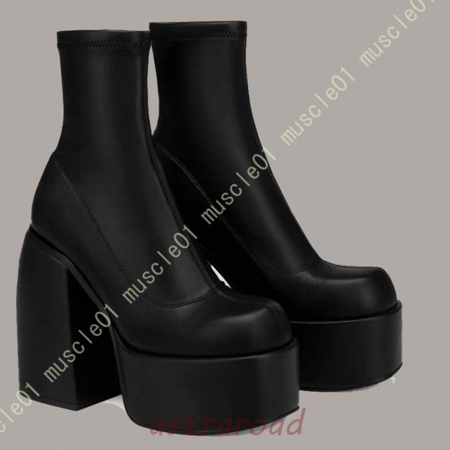 厚底太ヒール ラウンドトゥ ストレッチブーツ レディース ブーツ 厚底 黒 歩きやすい ミドル ショートブーツ 美脚 脚長 ソックス おしゃれ 靴 盛れる