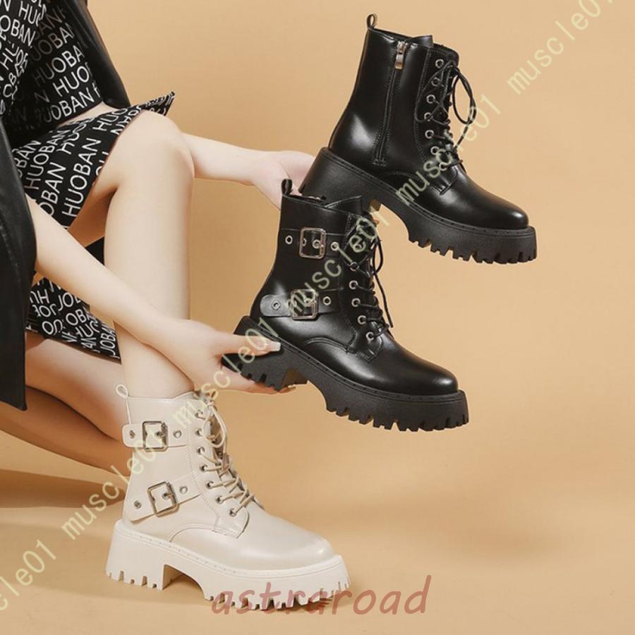 ブーツ レースアップ ショートブーツ バックル レディース レースアップブーツ ショート 厚底 歩きやすい スタイルアップ サイドジップ ラウンドトゥ PUレザー