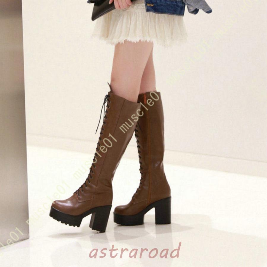 レディース 厚底 編み上げブーツ ハイヒール 膝丈 サイドジップ ロングブーツ 歩きやすい ラウンドトゥ ストレッチ チャンキーヒール 通勤 通学 コスプレ 黒