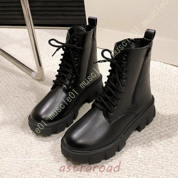 ブーツ ショートブーツ レースアップ 厚底ソール レディース 厚底 ショートブーツ レディース 太ヒール 編み上げブーツ 黒 サイドジップ 美脚 歩きやすい
