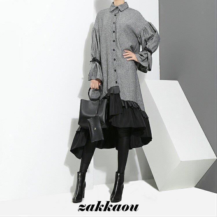 ワンピース デザインワンピ ふんわり袖 フリル モード 大人可愛い シック 無地 ブラック グレーラフ エレガント ラフスタイル/[oer74]