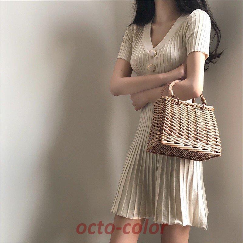 ミニ丈ワンピース 半袖 春夏 無地ワンピース レディース Vネック ニットスワンピース タイト プリーツワンピース オシャレ 体型カバー