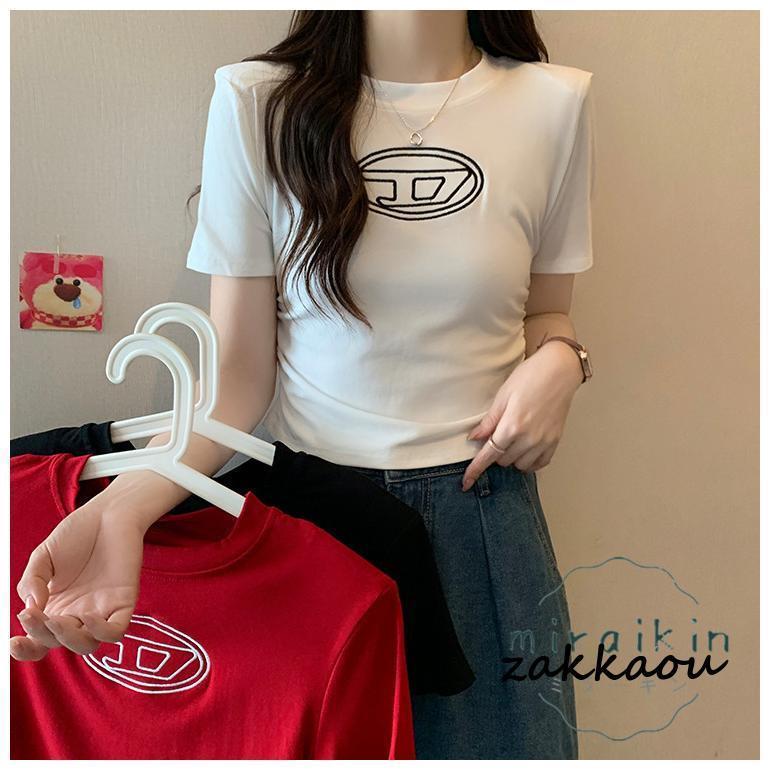 tシャツ Tシャツ アルファベット刺繍半袖Tシャツ レディース 夏 シンプル クルーネック 着痩せ 可愛い ..