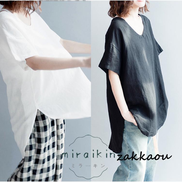 tシャツ 半袖 レディース カットソー 春夏 20代 30代 40代 Vネック トップス コットン リネン おしゃれ ゆったり スリット 韓国ファッション 前後差
