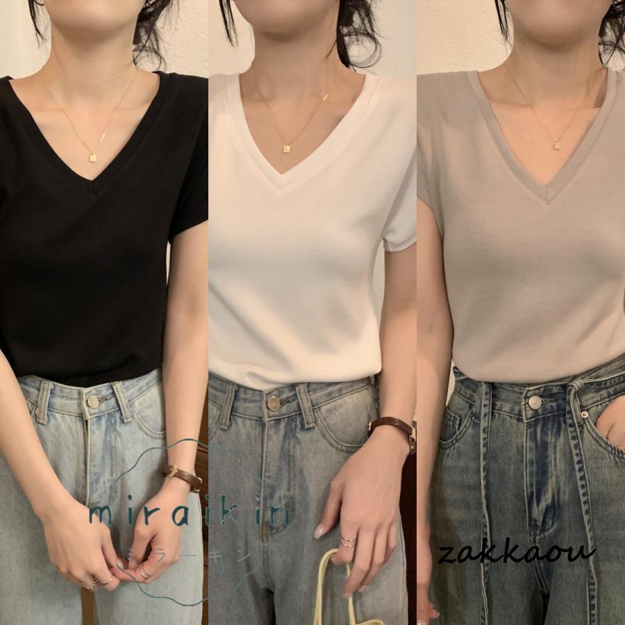 Tシャツ フレンチスリーブ Vネック トップス レディース 春 夏 コットン リラックス カジュアル キレイ..